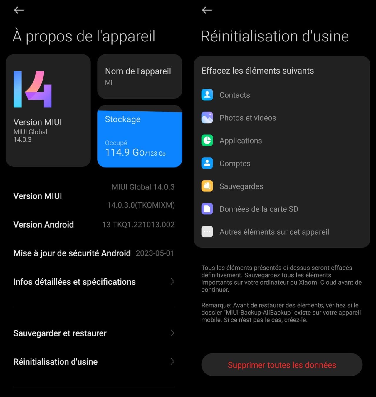 Hard reset d'un Xiaomi sous MIUI 14 (Mi, Redmi et Poco) 3 Hard Reset du Xiaomi, Redmi et Poco via les paramètres