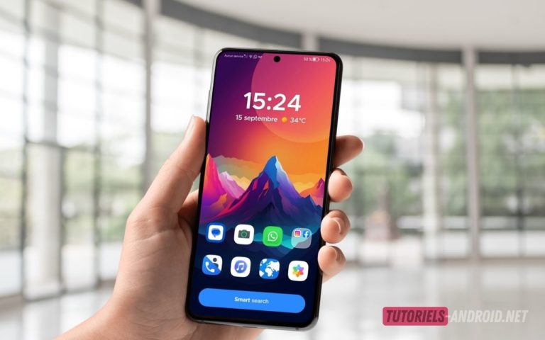 Une main tient un smartphone affichant un lanceur d’applications alternatif à Nova Launcher