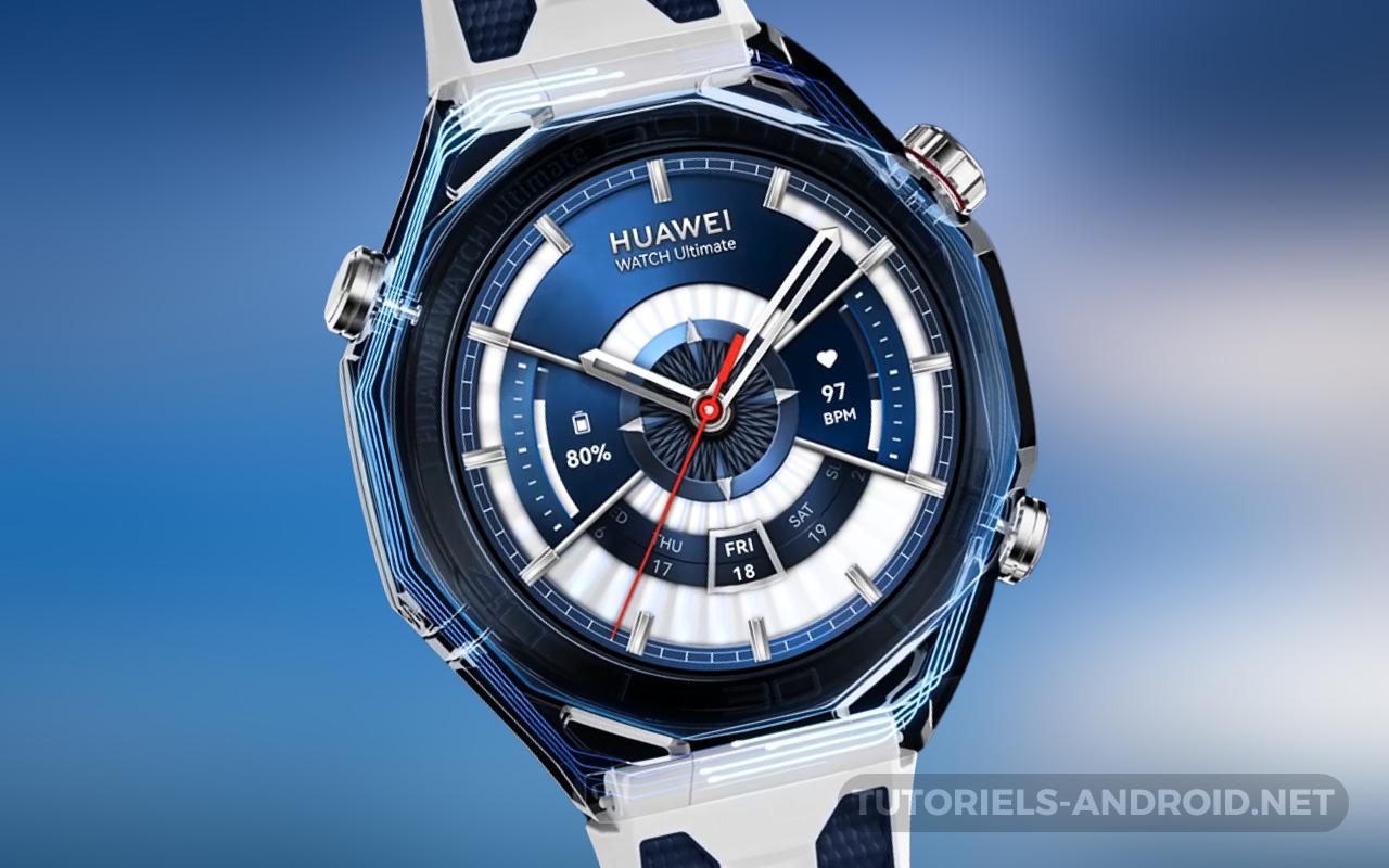 Huawei dévoile Watch Ultimate 2 : Une montre sonar sous-marine & suivi santé complet 1 Huawei Watch Ultimate 2 avec design élégant, présentée sur un fond bleu