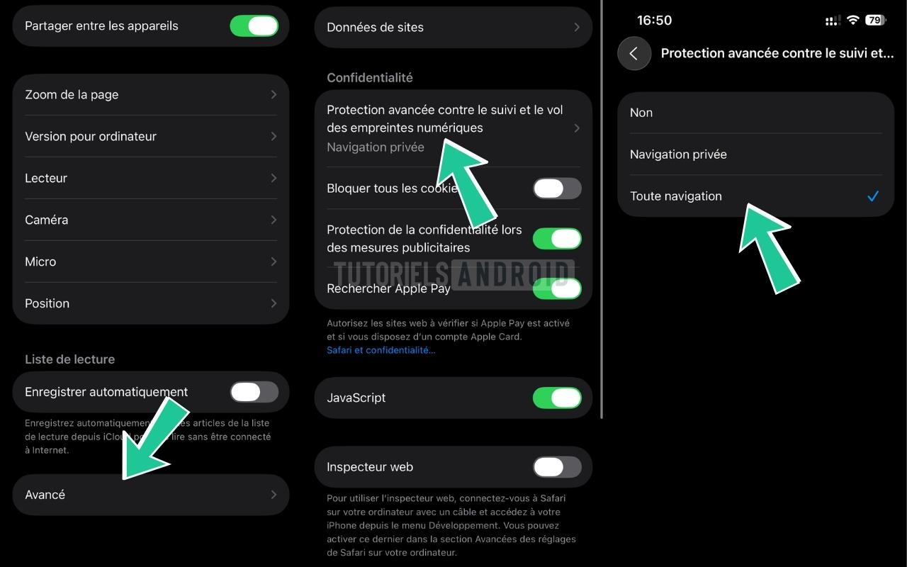 Safari (iOS 26) : protégez votre vie privée grâce à l'anti-empreinte numérique 2 Captures d’écran iPhone montrant les étapes pour activer la protection contre le suivi et l’empreinte numérique dans Safari sur iOS 26