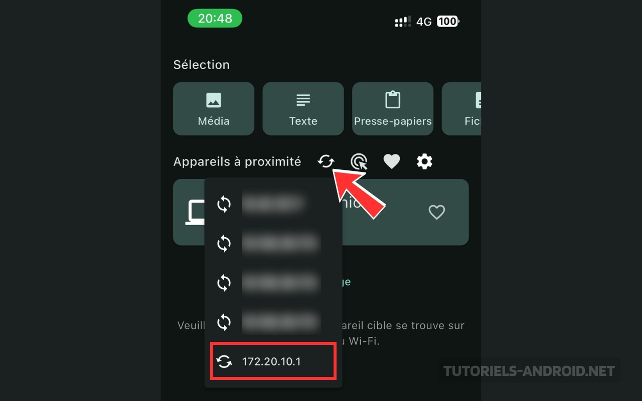 Transférer vos fichiers entre iOS, Android, MacOS et Windows sans câble 4 LocalSend mobile : bouton Actualiser et sélection manuelle de l'IP 172.20.10.1 pour détecter un appareil