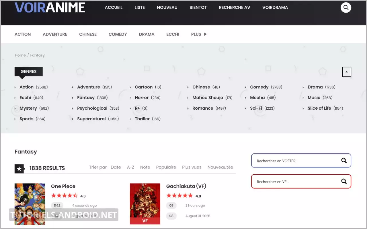 VoirAnime nouvelle adresse officielle, avis et précautions 2 Image qui montre les catégories d'animes disponibles sur le site Voir Anime (v6.voiranime.com)