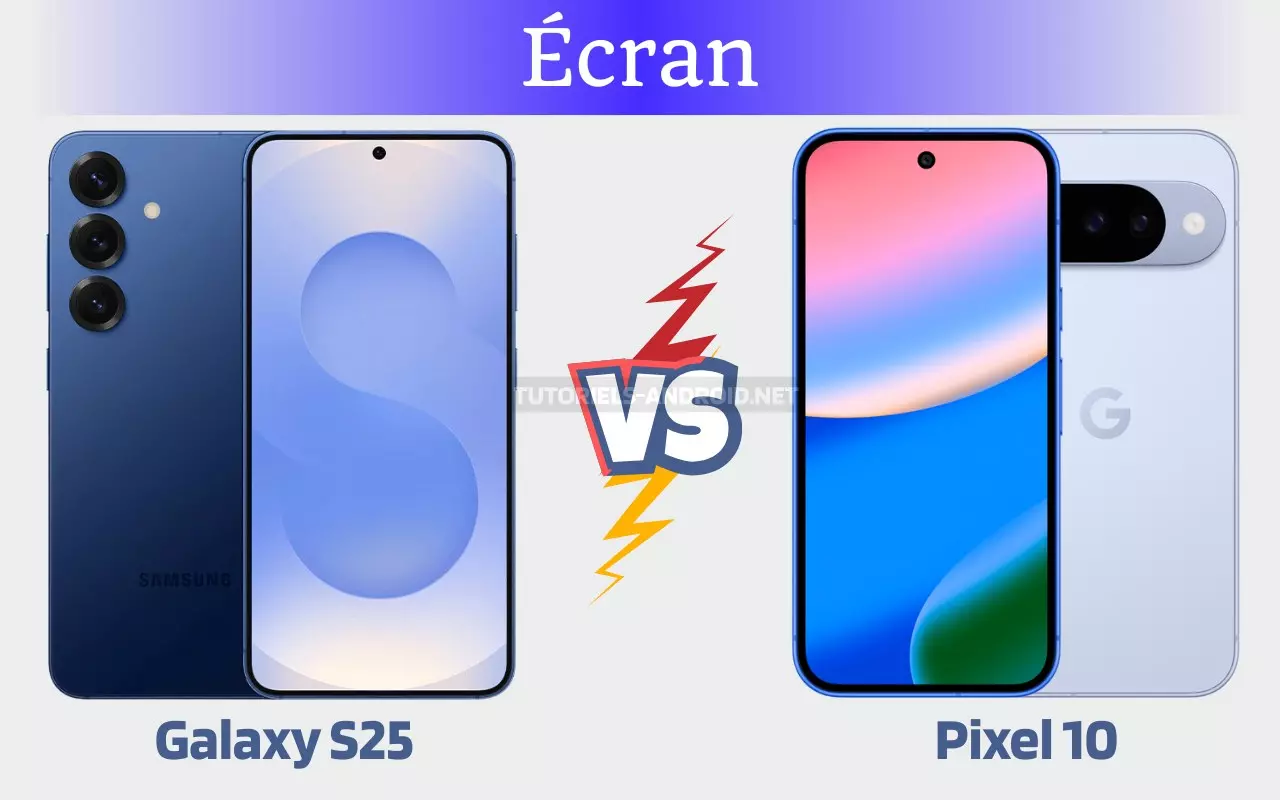 Image montrant une comparaison d'écran du Galaxy S25 vs Pixel 10