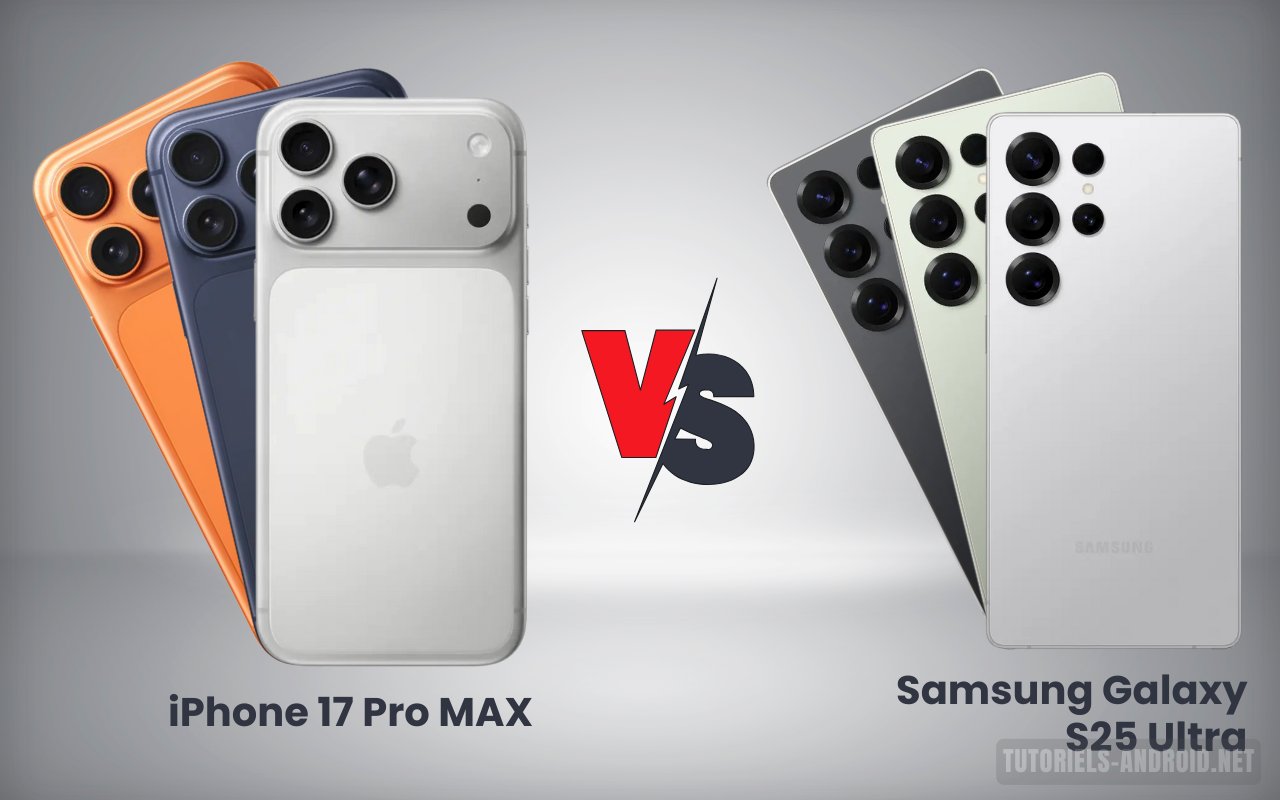 iPhone 17 Pro Max et Galaxy S25 Ultra : quelle différence ? 1 Comparaison iPhone 17 Pro Max vs Samsung Galaxy S25 Ultra, design et coloris des deux smartphones côte à côte
