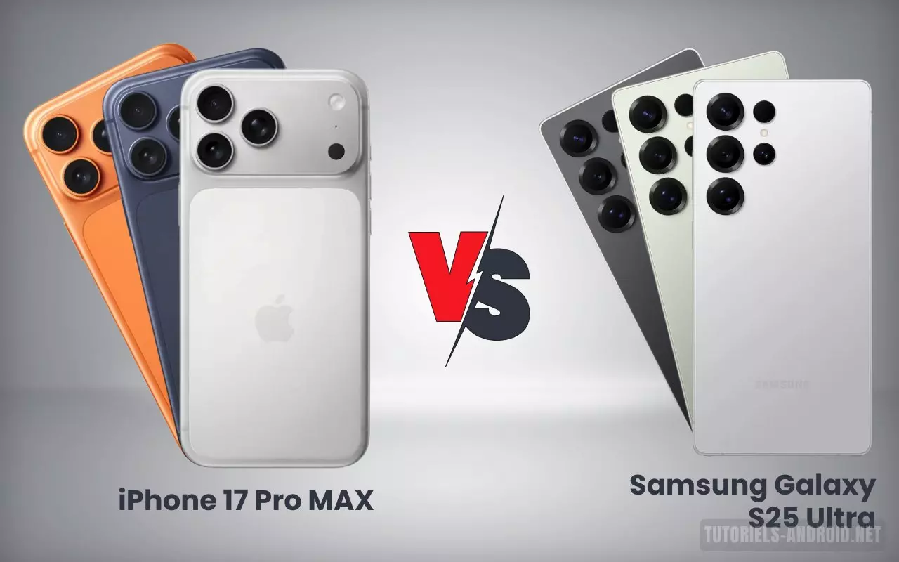 iPhone 17 Pro Max et Galaxy S25 Ultra : quelle différence ? 1 Comparaison iPhone 17 Pro Max vs Samsung Galaxy S25 Ultra, design et coloris des deux smartphones côte à côte
