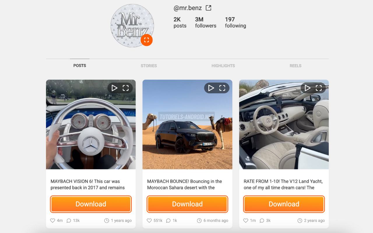 Picuki : Naviguer sur Instagram discrètement et sans compte 4 Image qui montre le contenu du profil de Mr.Benz chargé dans le site Picuki.Site