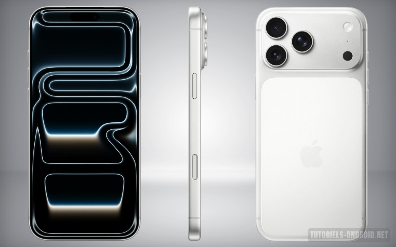 iPhone 17 Pro Max et Galaxy S25 Ultra : quelle différence ? 2 iPhone 17 Pro Max vu de face, de côté droit et de l’arrière, design moderne