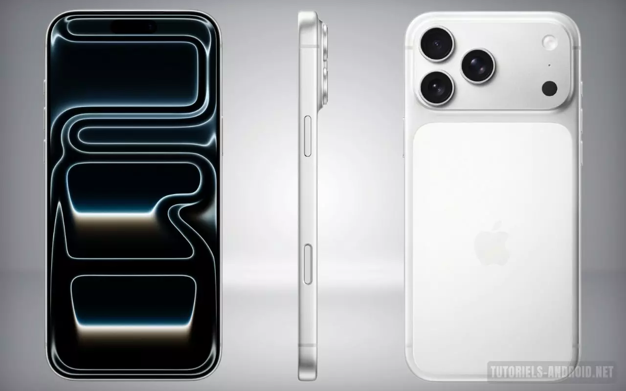 iPhone 17 Pro Max et Galaxy S25 Ultra : quelle différence ? 2 iPhone 17 Pro Max vu de face, de côté droit et de l’arrière, design moderne