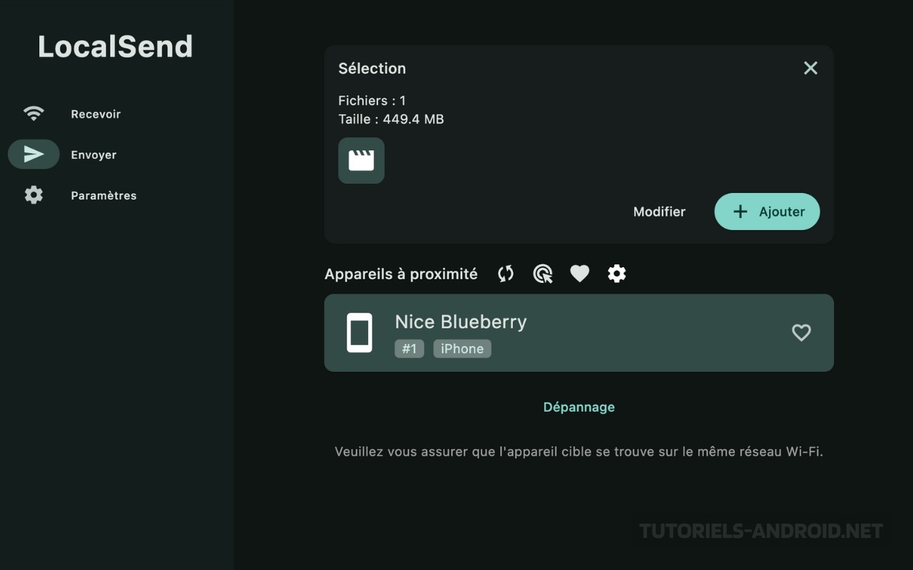 Transférer vos fichiers entre iOS, Android, MacOS et Windows sans câble 2 Interface LocalSend en mode Envoi montrant un fichier de 449.4 MB sélectionné et l'iPhone (Nice Blueberry) détecté dans les appareils à proximité