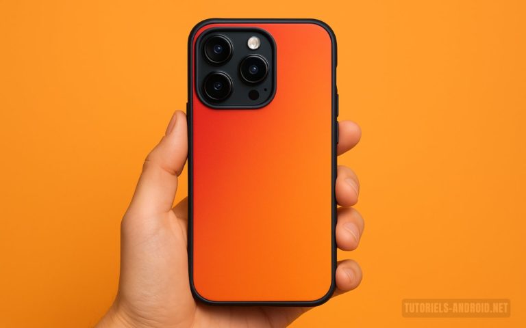 Mon classement des meilleures marques de coques pour iPhone et Samsung 3 Une main tient un iPhone 16 Pro avec une coque orange, sur un fond coloré, avec le logo Tutoriels-Android.net en bas à droite.