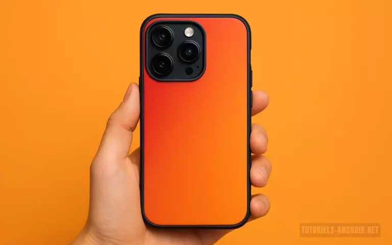 Mon classement des meilleures marques de coques pour iPhone et Samsung 7 Une main tient un iPhone 16 Pro avec une coque orange, sur un fond coloré, avec le logo Tutoriels-Android.net en bas à droite.