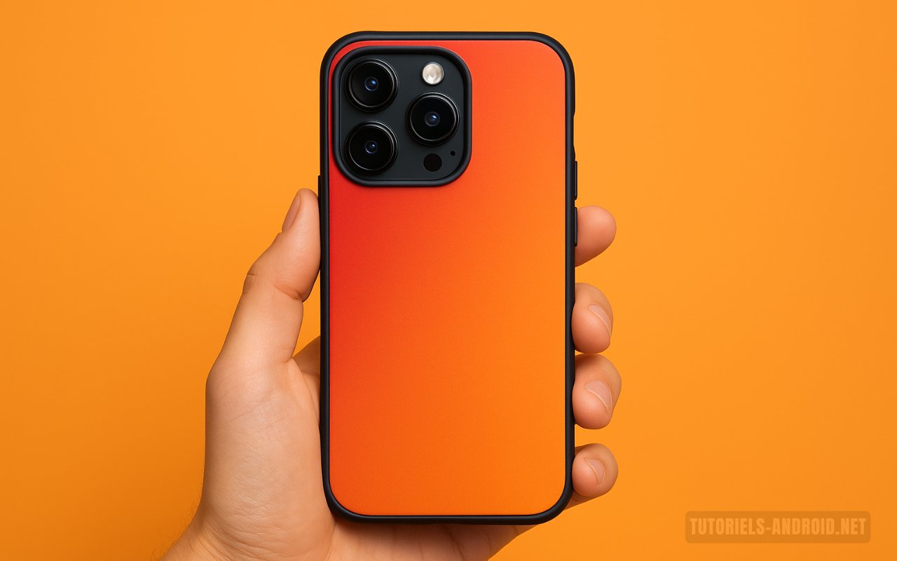 Mon classement des meilleures marques de coques pour iPhone et Samsung 1 Une main tient un iPhone 16 Pro avec une coque orange, sur un fond coloré, avec le logo Tutoriels-Android.net en bas à droite.