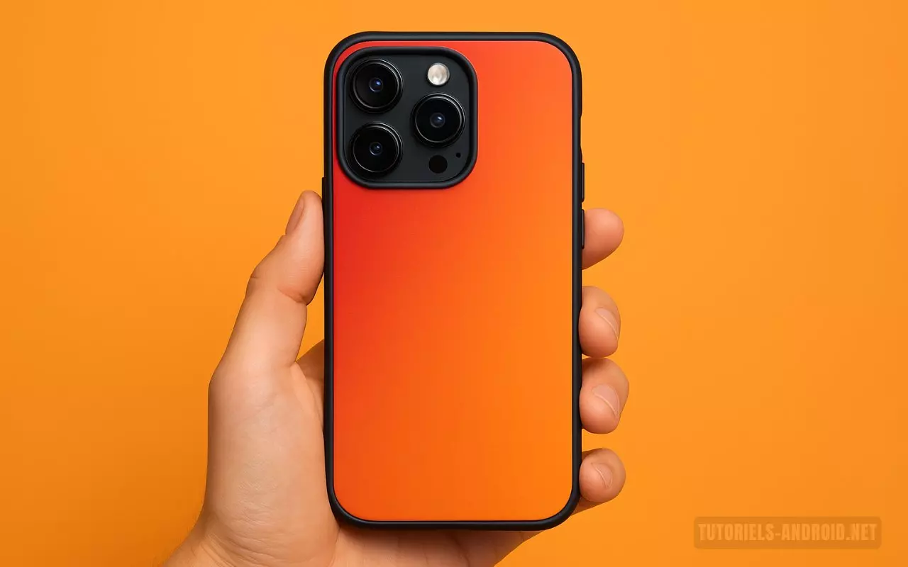 Mon classement des meilleures marques de coques pour iPhone et Samsung 1 Une main tient un iPhone 16 Pro avec une coque orange, sur un fond coloré, avec le logo Tutoriels-Android.net en bas à droite.