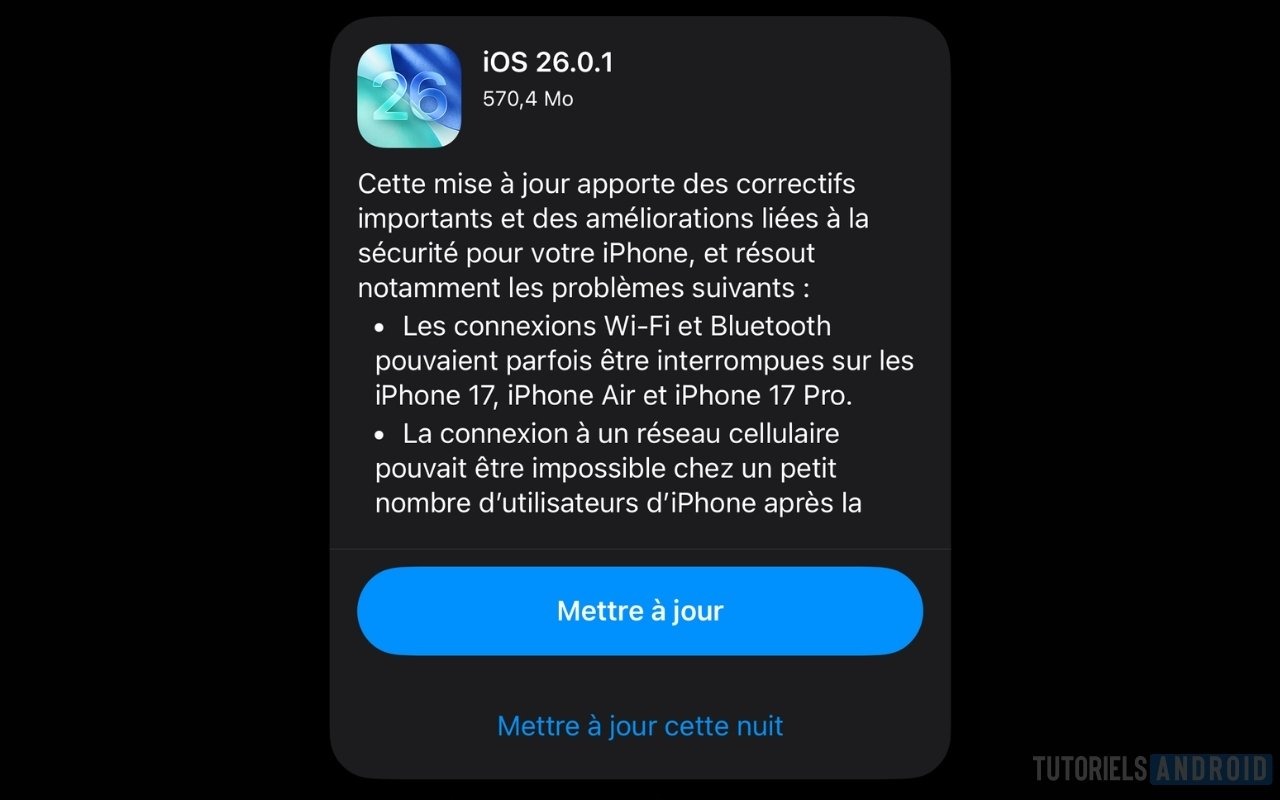 J'ai enfin reçu iOS 26 sur mon iPhone, voici mon test et avis 8 Capture d’écran iPhone montrant la mise à jour iOS 26.0.1 prête à installer avec détails des corrections et améliorations