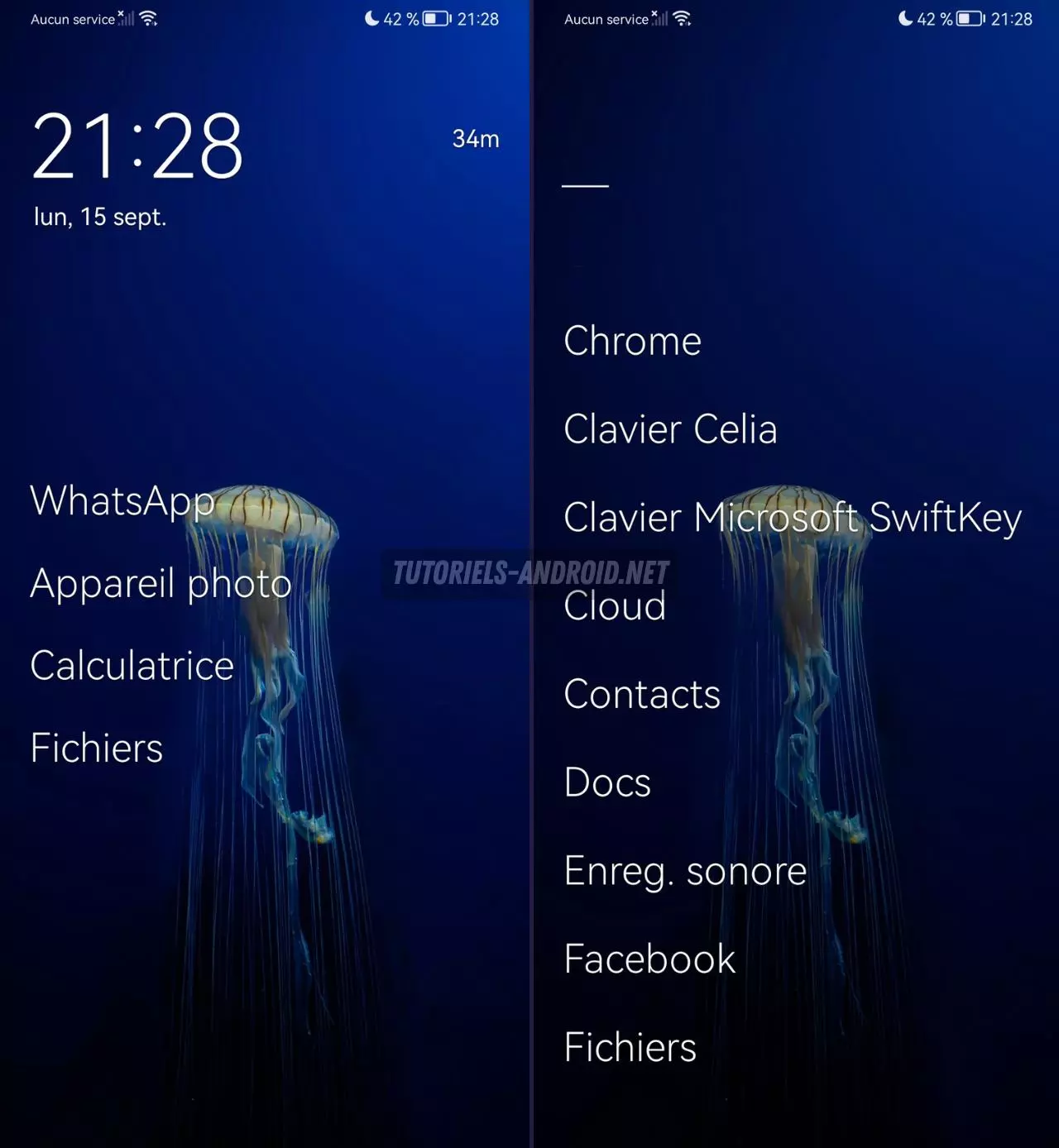 15 ans sur Android : voici mes alternatives préférées à Nova Launcher 5 Capture d’écran d’Olauncher affichant un écran d’accueil minimaliste sur Android, avec fond d’écran méduse et liste d’applications en texte