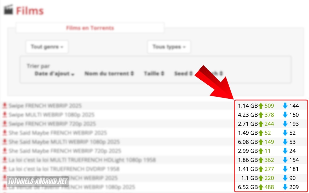 Capture d’écran montrant le fonctionnement du site Cpasbien avec les torrents, seeders et leechers