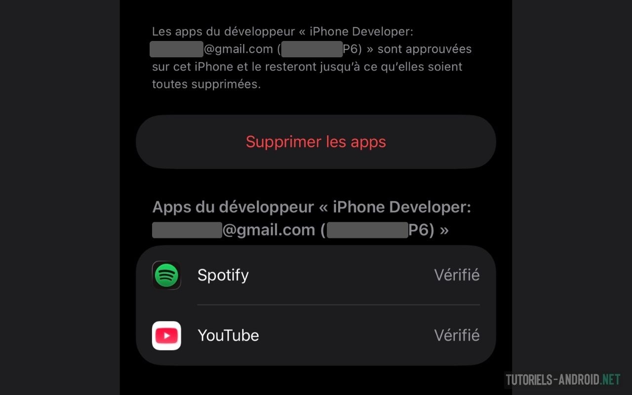 Comment j'ai réussi à installer YouTube sans pubs sur iOS 26 grâce à uYou+ 4 Capture d’écran d’un iPhone montrant l’app uYou+ installée et approuvée dans Réglages > VPN et gestion de l’appareil > App de développeur