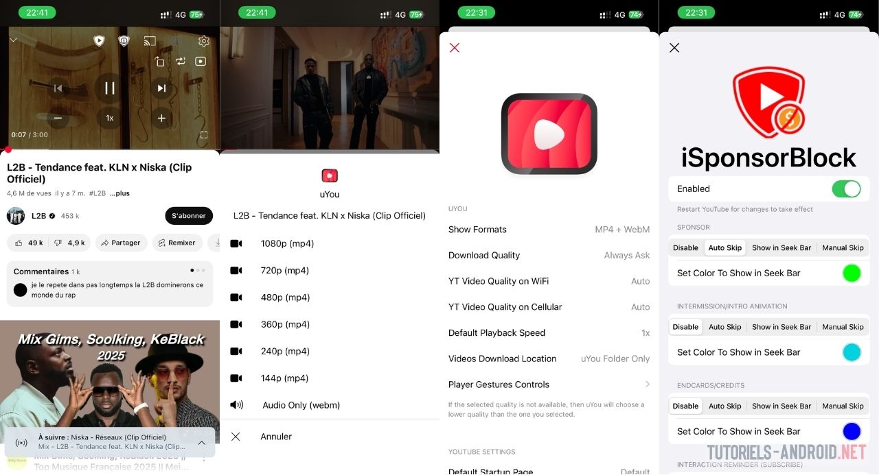 Comment j'ai réussi à installer YouTube sans pubs sur iOS 26 grâce à uYou+ 2 Captures d’écran d’un iPhone affichant l’application uYou+ avec une vidéo en lecture, les options de qualité vidéo, ainsi que l’extension iSponsorBlock activée et son interface de personnalisation des réglages