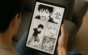 Un jeune homme assis sur un canapé tient une tablette affichant un scan de manga téléchargé depuis Epsilon Scan