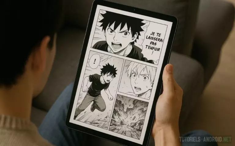 Epsilon Scan & EpsilonSoft : liens actifs pour lire vos mangas et webtoons préférés 5 Un jeune homme assis sur un canapé tient une tablette affichant un scan de manga téléchargé depuis Epsilon Scan