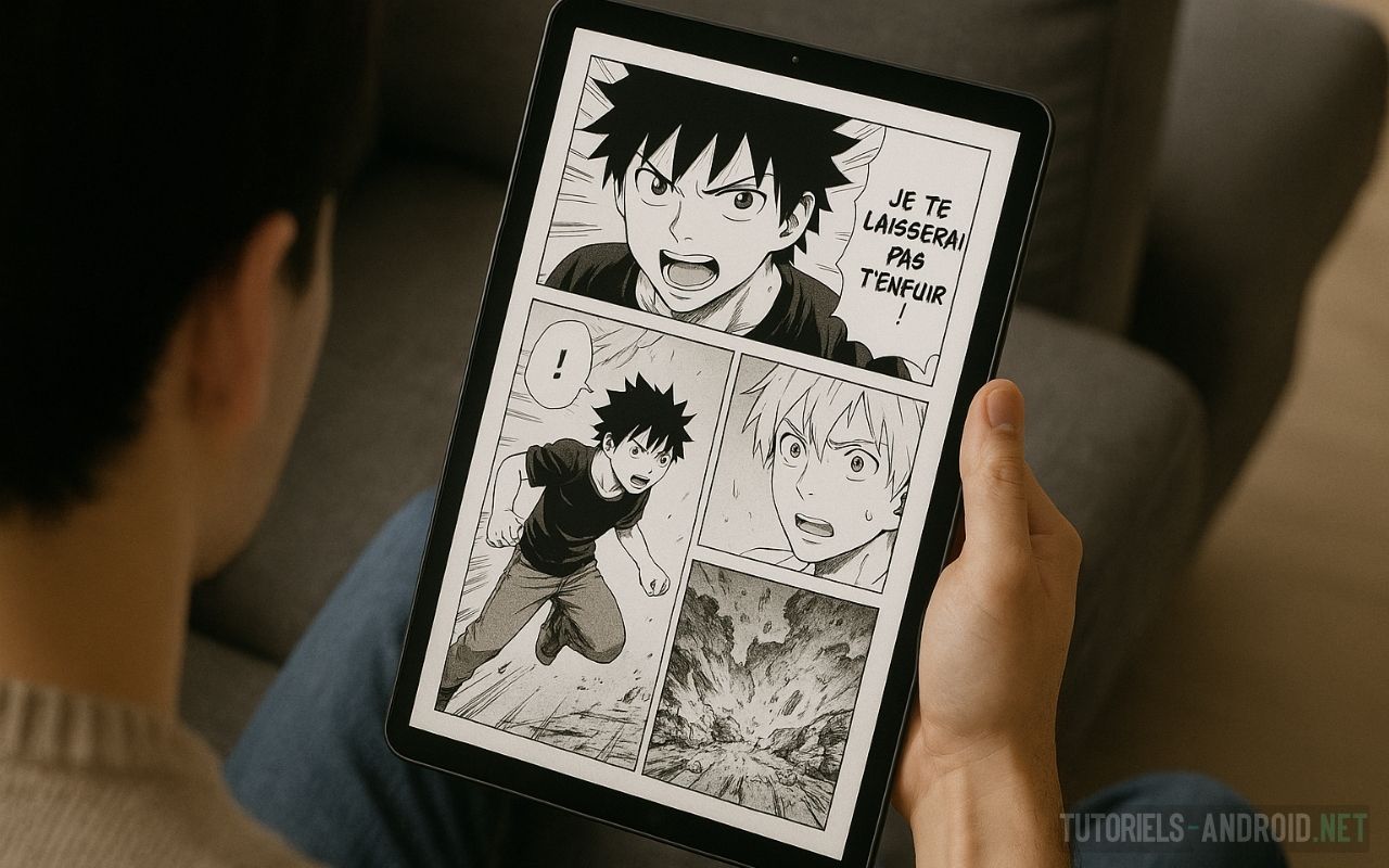 Epsilon Scan & EpsilonSoft : liens actifs pour lire vos mangas et webtoons préférés 1 Un jeune homme assis sur un canapé tient une tablette affichant un scan de manga téléchargé depuis Epsilon Scan