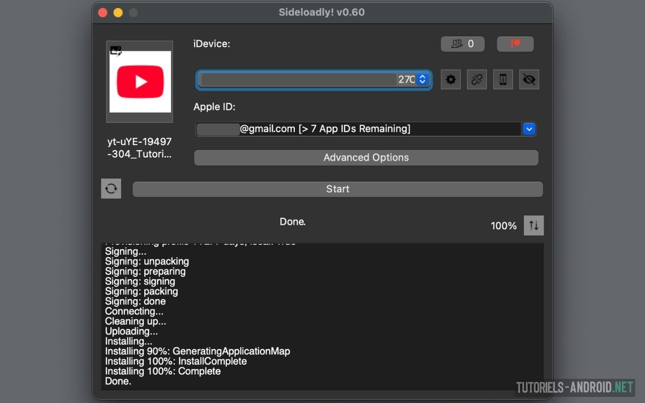 Comment j'ai réussi à installer YouTube sans pubs sur iOS 26 grâce à uYou+ 3 Installation de uYouPlus IPA sur iPhone via Sideloadly depuis un MacBook Pro, avec le fichier IPA glissé dans l’outil et l’application uYou+ installée après quelques minutes
