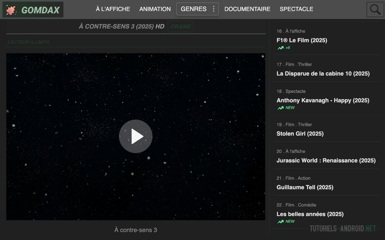 Interface du lecteur de film sur Gomdax