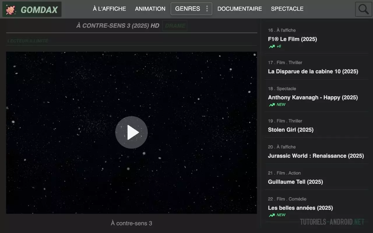 Interface du lecteur de film sur Gomdax