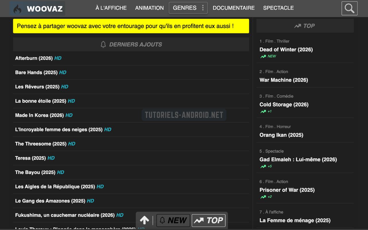 Woovaz : un nom surprenant, mais un géant de films en streaming 2 interface du site Woovaz avec les derniers films ajoutés et les catégories de streaming