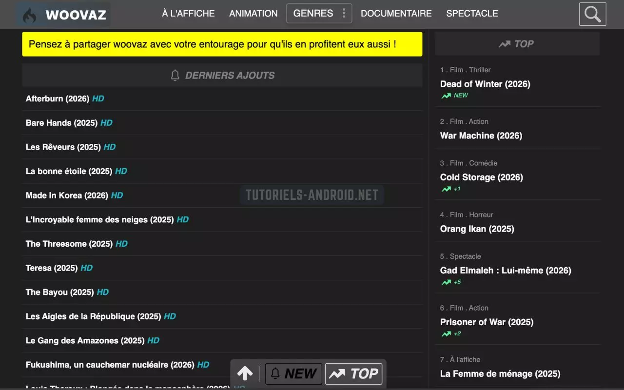 Woovaz : un nom surprenant, mais un géant de films en streaming 2 interface du site Woovaz avec les derniers films ajoutés et les catégories de streaming